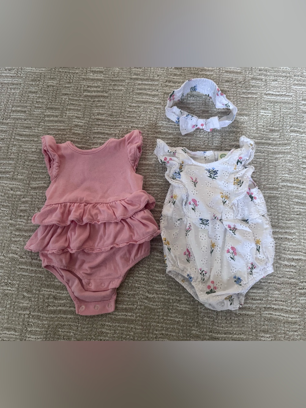 Little Me Pink Ruffle Bodysuit bundle White Floral Eyelet Romper and Headband